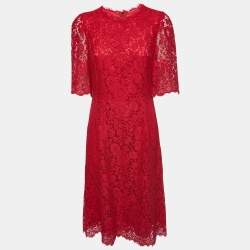 Pre Owned Dolce & Gabbana Red Lace Midi Dress M