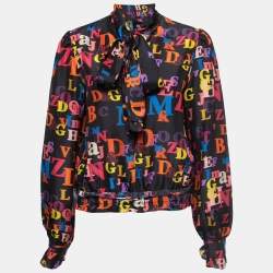 Pre Owned Dolce & Gabbana Multicolor Letters Printed Crepe Neck Tie Detail Blouse L