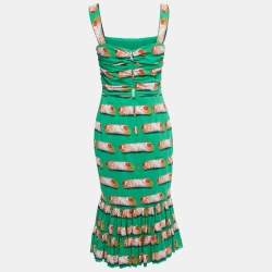 Pre Owned Dolce & Gabbana Green Cannoli Printed Silk Fluted Ruched Midi Dress M