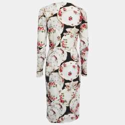 Pre Owned Dolce & Gabbana White China Plate Printed Crepe Sheath Midi Dress M