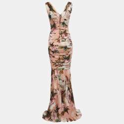 Dolce & Gabbana Pink Floral Printed Silk Ruched Maxi Dress S