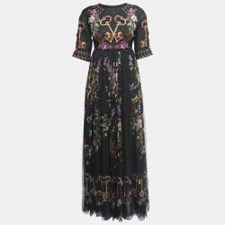 Pre Owned Dolce & Gabbana Black Floral & Key Printed Silk Maxi Dress S