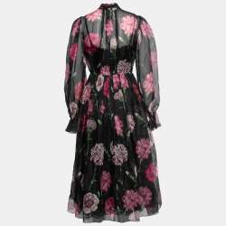 Pre Owned Dolce & Gabbana Black Floral Printed Silk Tie Neck Midi Dress S