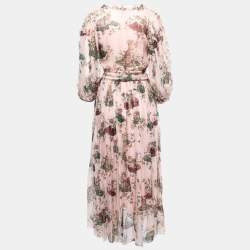Pre Owned Dolce & Gabbana Pink Bengal Cat Floral Printed Chiffon Midi Dress L