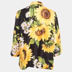 Pre Owned Dolce & Gabbana Black Sunflower Printed Silk Pajama Top L