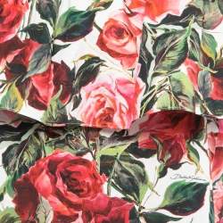 Pre Owned Dolce & Gabbana Red Rose Printed Cotton Ruffled Off Shoulder Top S