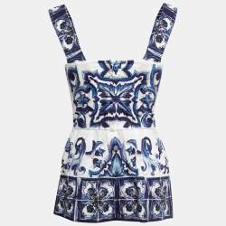 Pre Owned Dolce & Gabbana Blue Printed Cotton Peplum Top S
