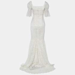 Pre Owned Dolce & Gabbana White Lace Ruched Trail Wedding Gown S