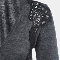 Pre Owned Dolce & Gabbana Charcoal Grey Wool & lace Trim Wrap Front Cropped Cardigan S