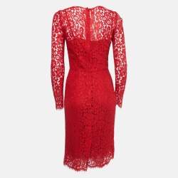 Pre Owned Dolce & Gabbana Red Lace Long Sleeve Midi Dress S