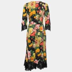 Pre Owned Dolce & Gabbana Black Floral Printed Crepe Lace Trimmed Midi Dress S