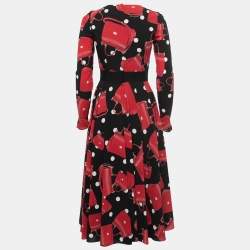 Pre Owned Dolce & Gabbana Black Miss Sicily Bag Printed Silk Midi Dress S