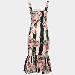 Pre Owned Dolce & Gabbana Black/White Floral Printed Silk Flared Hem Midi Dress S