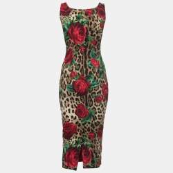 Pre Owned Dolce & Gabbana Brown Floral Animal Printed Crepe Midi Dress S