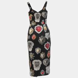 Pre Owned Dolce & Gabbana Black Sacred Hearts Printed Silk Midi Dress S