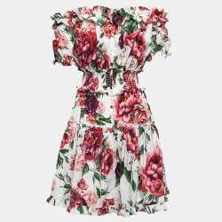 Pre Owned Dolce & Gabbana White Floral Printed Cotton Off Shoulder Mini Dress M
