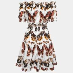 Pre Owned Dolce & Gabbana White Butterfly Printed Cotton Ruffled Mini Dress M