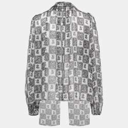 Pre Owned Dolce & Gabbana Monochrome Floral Grid Print Silk Tie Detail Blouse S