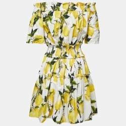 Pre Owned Dolce & Gabbana White Lemon Print Cotton Ruffled Mini Dress M
