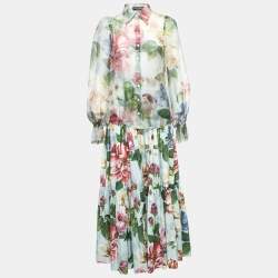 Dolce & Gabbana Blue Floral Printed Organza/Cotton Skirt and Top Set S