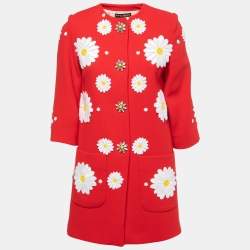 Dolce & Gabbana Red Wool Flower Applique 3/4 Sleeve Coat M