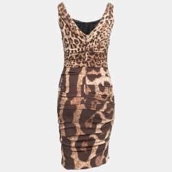 Pre Owned Dolce & Gabbana Brown Leopard Print Silk Sleeveless Draped Short Dress S
