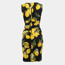 Pre Owned Dolce & Gabbana Black Lemon Print Silk Ruched Sleeveless Short Dress S