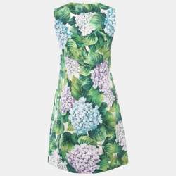 Pre Owned Dolce & Gabbana Green Floral Patterned Jacquard Sleeveless Short Dress XS