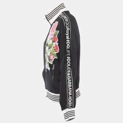 Pre Owned Dolce & Gabbana Black Knit Floral Patch Logo Detailed Zip Front Jacket S