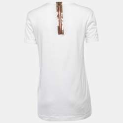 Pre Owned Dolce & Gabbana White Print Cotton Embellished Zip Detail Short Sleeve T-Shirt XS