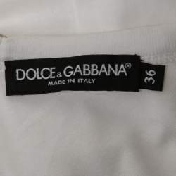 Pre Owned Dolce & Gabbana White Print Cotton Embellished Zip Detail Short Sleeve T-Shirt XS