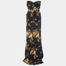 Pre Owned Dolce & Gabbana Black Floral Printed Silk Draped Strapless Gown M
