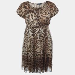 Pre Owned Dolce & Gabbana Brown Animal Printed Silk Pleated Dress S