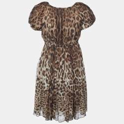 Pre Owned Dolce & Gabbana Brown Animal Printed Silk Pleated Dress S