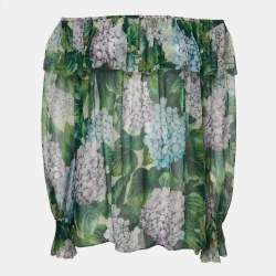 Pre Owned Dolce & Gabbana Green Floral Print Silk Chiffon Off Shoulder Blouse M