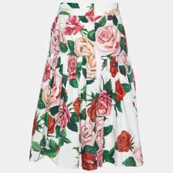 Pre Owned Dolce & Gabbana White Roses Printed Cotton Skirt S