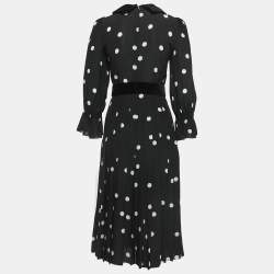 Pre Owned Dolce & Gabbana Black Polka Dotted Silk Blend Velvet Trim Pleated Midi Dress S