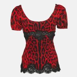 Pre Owned Dolce & Gabbana Red Leopard Print Silk Lace Trimmed Top XS