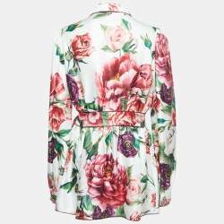Pre Owned Dolce & Gabbana White Floral Printed Silk Wrap Top XL