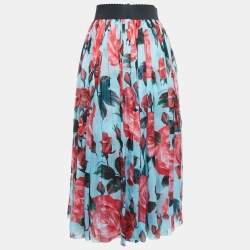 Pre Owned Dolce & Gabbana Light Blue Floral Printed Chiffon Midi Skirt XS