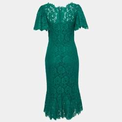 Pre Owned Dolce & Gabbana Green Lace Flutter Sleeve Midi Dress M