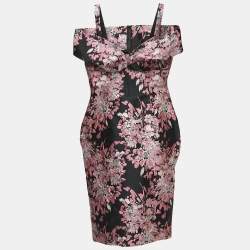 Pre Owned Dolce & Gabbana Black/Pink Lurex Jacquard Off Shoulder Corseted Midi Dress XL