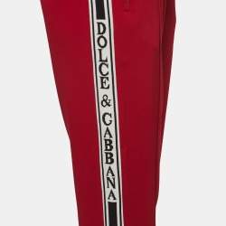 Pre Owned Dolce & Gabbana Red Crepe Logo Trimmed Drawstring Joggers M
