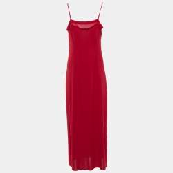Pre Owned Dolce & Gabbana Maroon Jersey Knit Strap Sleeve Slit Detail Maxi Dress L 