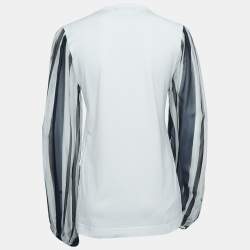 Pre Owned Dolce & Gabbana White Cotton Striped Silk Balloon Sleeve Top S