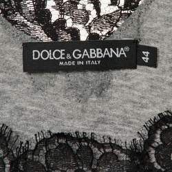 Pre Owned Dolce & Gabbana Grey Cotton Knit & Black lace Sleeveless T-Shirt M
