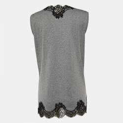 Pre Owned Dolce & Gabbana Grey Cotton Knit & Black lace Sleeveless T-Shirt M
