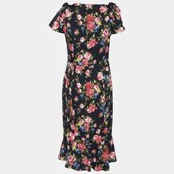 Pre Owned Dolce & Gabbana Black Floral Printed Silk Midi Dress M