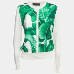 Pre Owned Dolce & Gabbana Off-White Leaves Print Silk Buttoned Cardigan M