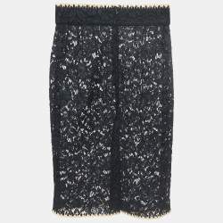 Pre Owned Dolce & Gabbana Black Floral Lace Raffia Trimmed Midi Skirt M